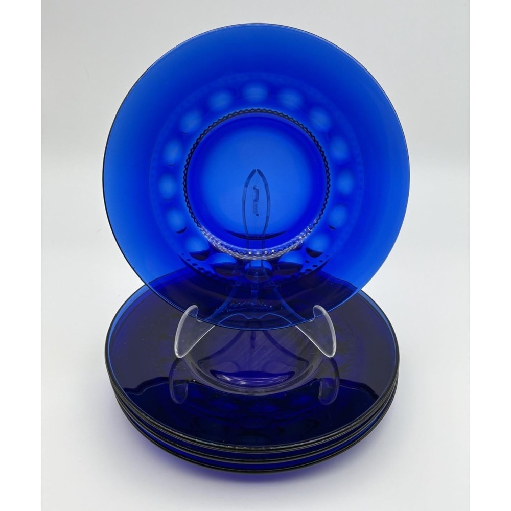 Tiara Crown Imperial Blue Cobalt Luncheon Plates Thumbprint 8 3/8" Set of 4